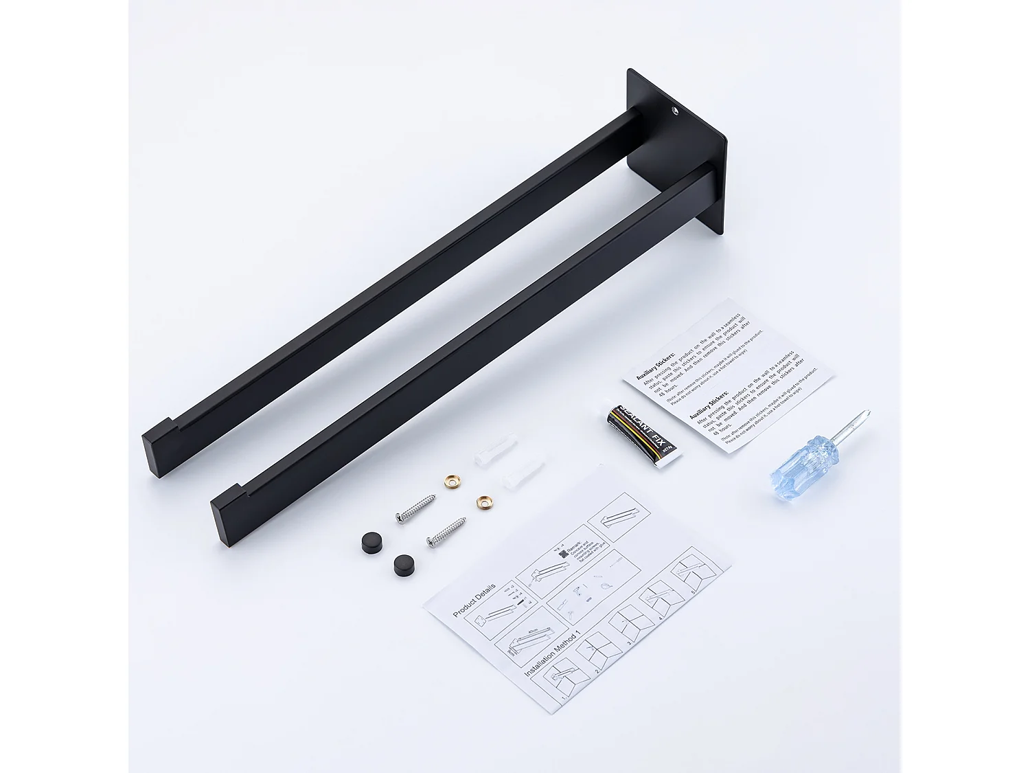 Auralum MAX 2st Badkamer Handdoekhouder,Dubbele Zelfklevende/Boring Handdoekhouder,Handdoekhouder Twee Arm Wandmontage voor Badkamer Keuken,Zwart