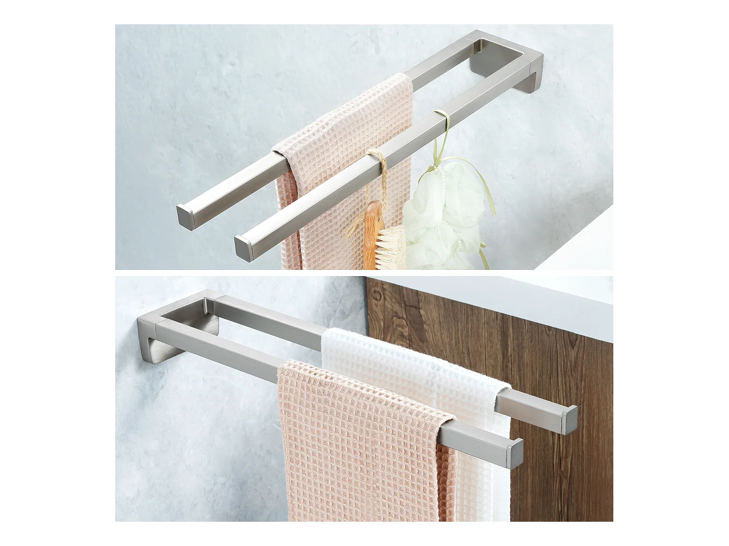 Porta asciugamani doppio braccio, porta asciugamani doppio per bagno/cucina, porta asciugamani a parete, autoadesivo o forabile, 42 cm, spazzolato