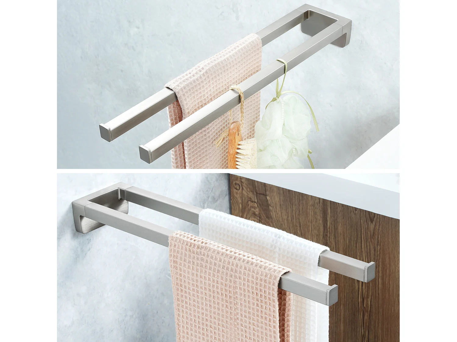 Porta asciugamani doppio braccio, porta asciugamani doppio per bagno/cucina, porta asciugamani a parete, autoadesivo o forabile, 42 cm, spazzolato