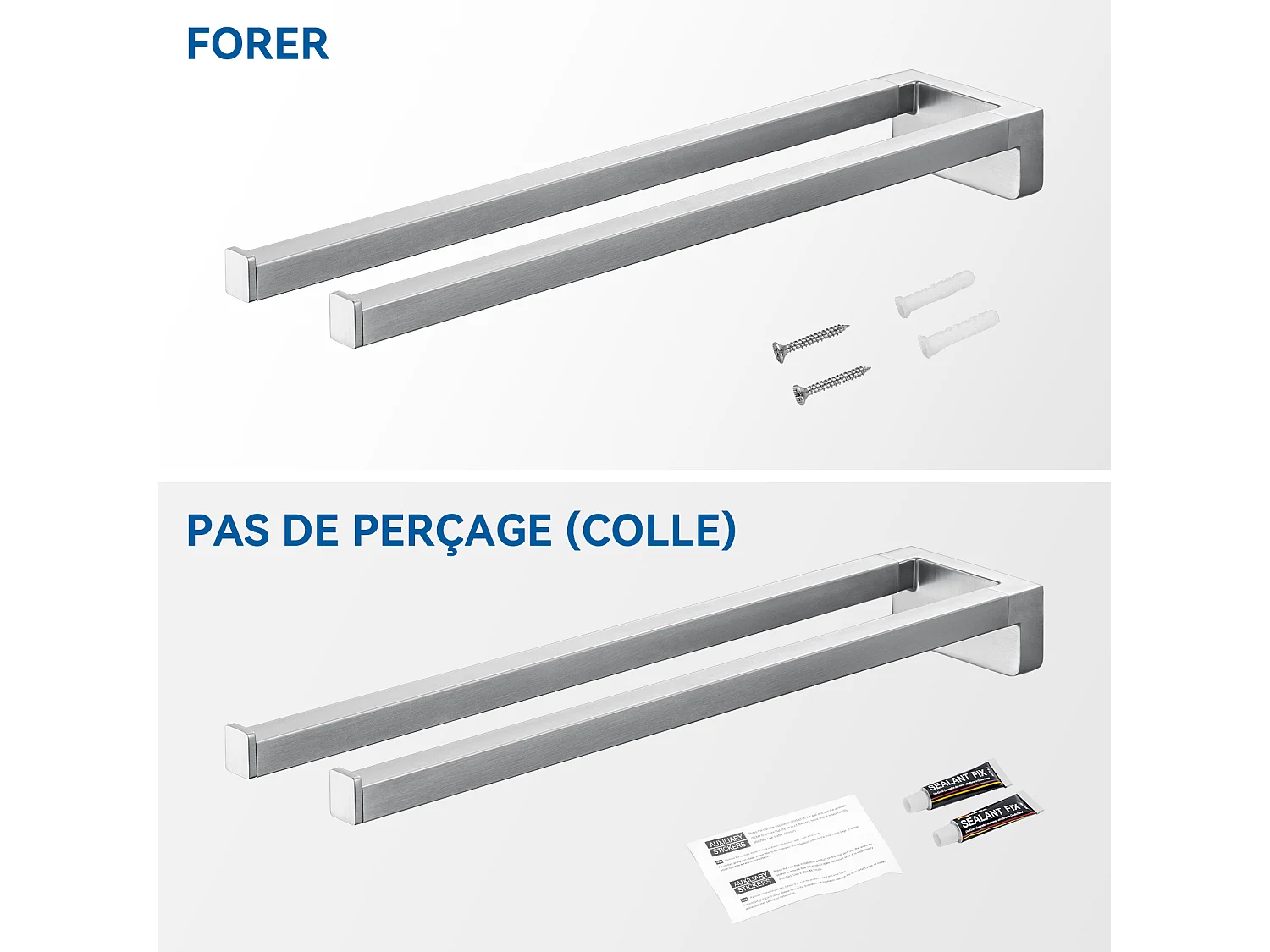 Porta asciugamani doppio braccio, porta asciugamani doppio per bagno/cucina, porta asciugamani a parete, autoadesivo o forabile, 42 cm, spazzolato