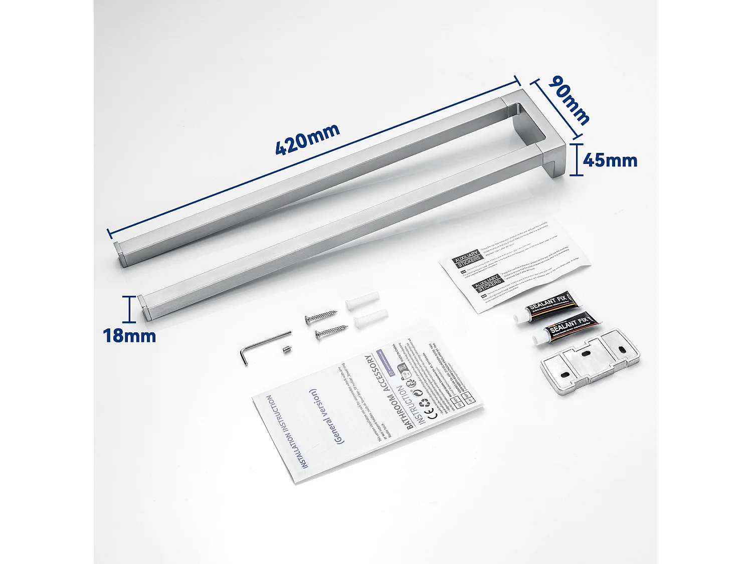 Porta asciugamani doppio braccio, porta asciugamani doppio per bagno/cucina, porta asciugamani a parete, autoadesivo o forabile, 42 cm, spazzolato