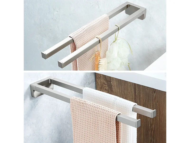 Porta asciugamani doppio braccio, porta asciugamani doppio per bagno/cucina, porta asciugamani a parete, autoadesivo o forabile, 42 cm, spazzolato