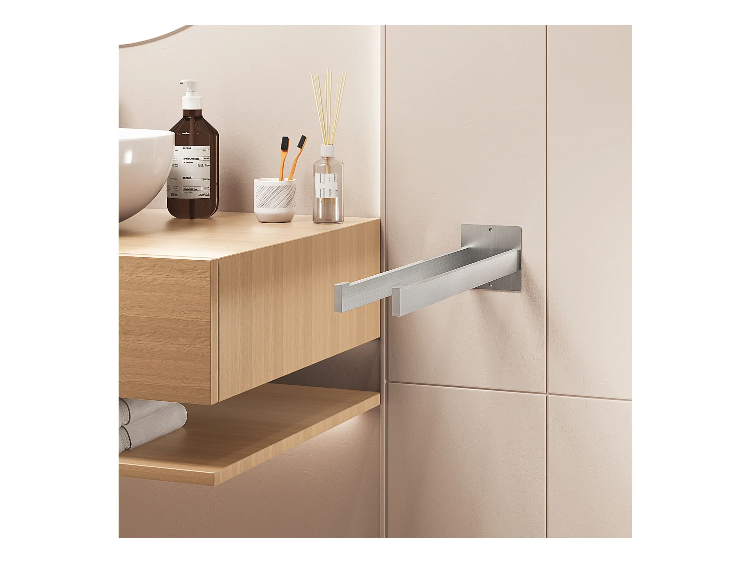 Porte Serviettes Salle Bain,Double Porte-Serviettes Adhésif/Percage,Support Serviette à Deux Bras Murale pour Salle de Bain Cuisine,Brossé