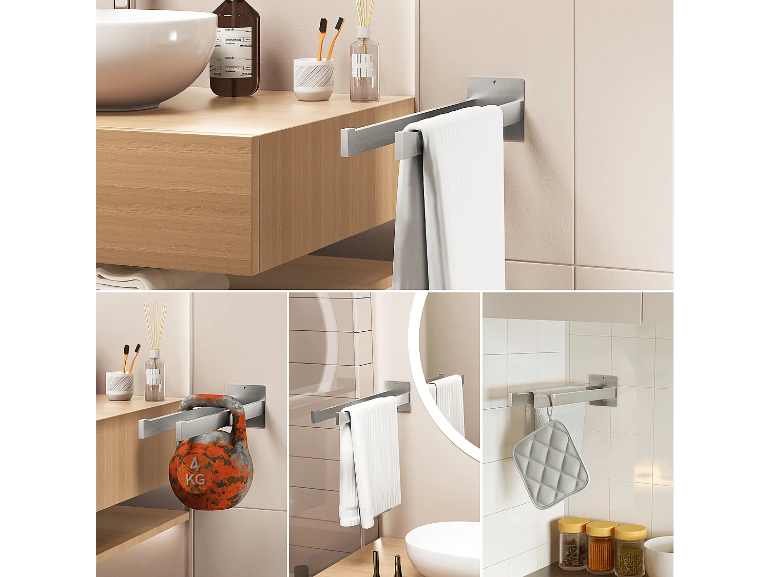 Porte Serviettes Salle Bain,Double Porte-Serviettes Adhésif/Percage,Support Serviette à Deux Bras Murale pour Salle de Bain Cuisine,Brossé