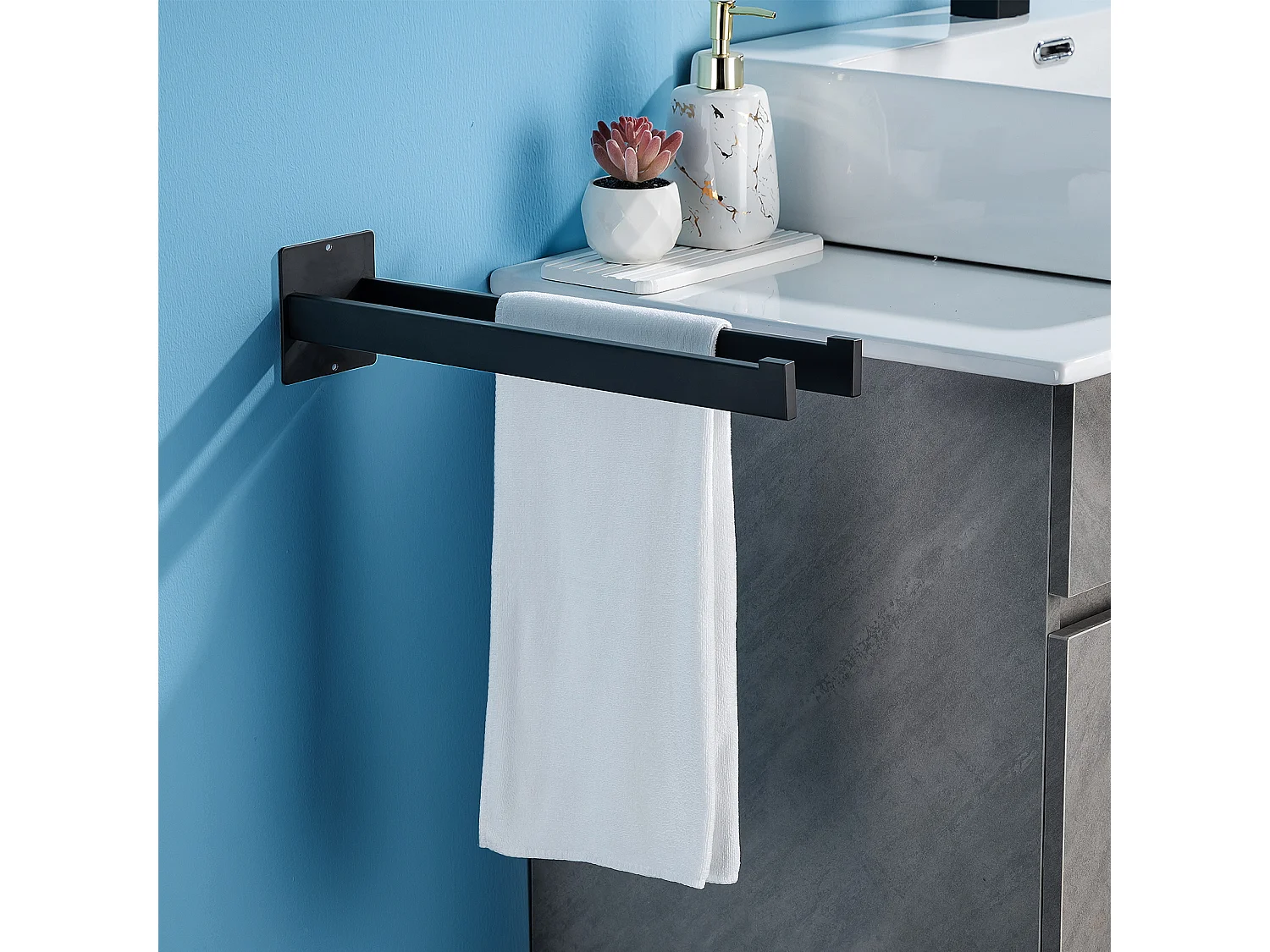 Auralum MAX Toallero de baño, Toallero Doble Adhesivo/Perforación, Toallero de Dos Brazos montado en la Pared para baño Cocina, Negro