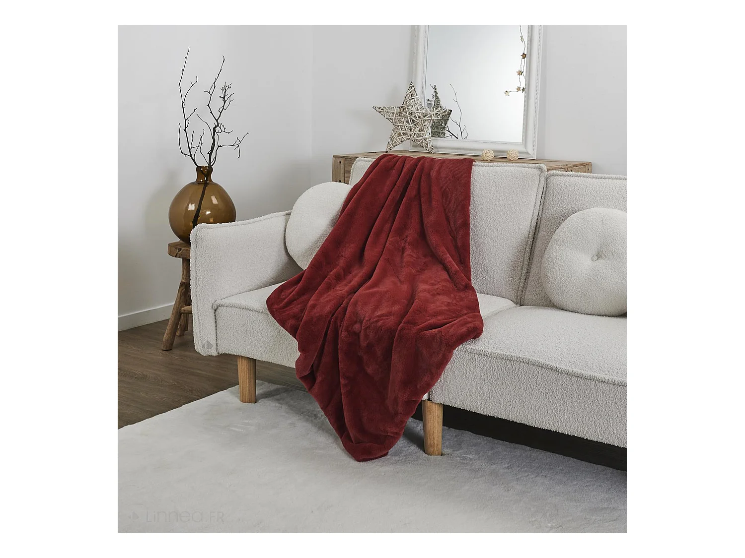 Plaid en polyester 120x150 cm FLEUR DE LUNE fausse fourrure avec lanières rouge terre