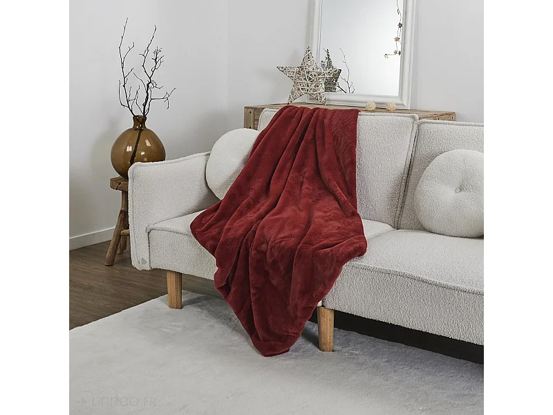 Plaid en polyester 120x150 cm FLEUR DE LUNE fausse fourrure avec lanières rouge terre