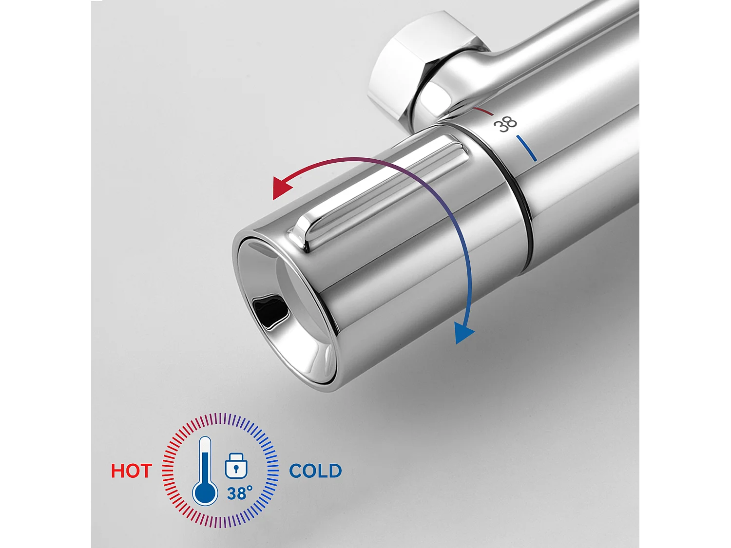 Thermostat-Brausebatterie aus Chrom, Verbrühungsschutz-Thermostat-Brausehahn mit 38 °C-Sicherheitsknopf, Brausebatterie aus Messing