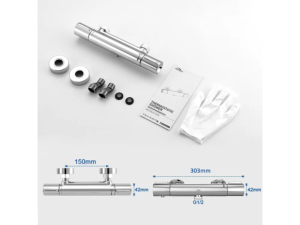 Thermostat-Brausebatterie aus Chrom, Verbrühungsschutz-Thermostat-Brausehahn mit 38 °C-Sicherheitsknopf, Brausebatterie aus Messing