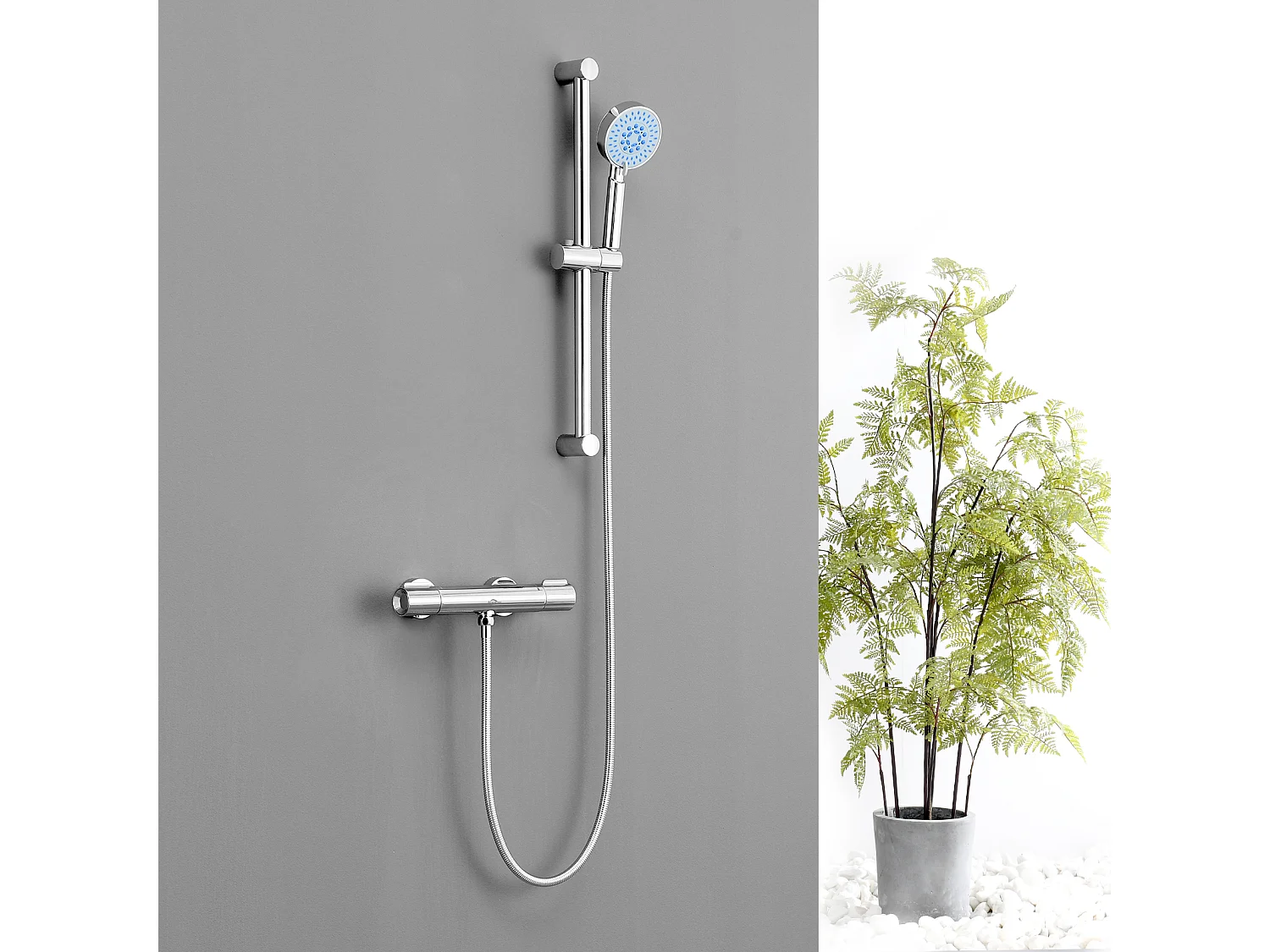 Thermostat-Brausebatterie aus Chrom, Verbrühungsschutz-Thermostat-Brausehahn mit 38 °C-Sicherheitsknopf, Brausebatterie aus Messing