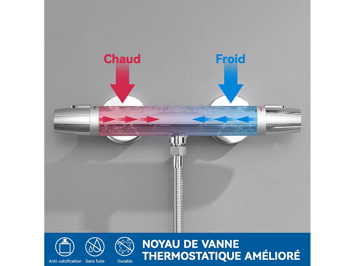 Auralum Max Thermostat-Brausemischer, Wandmontage, Verbrühungsschutz, Warm-/Kaltwasserhahn, konstante Temperatur 38°, Chrom