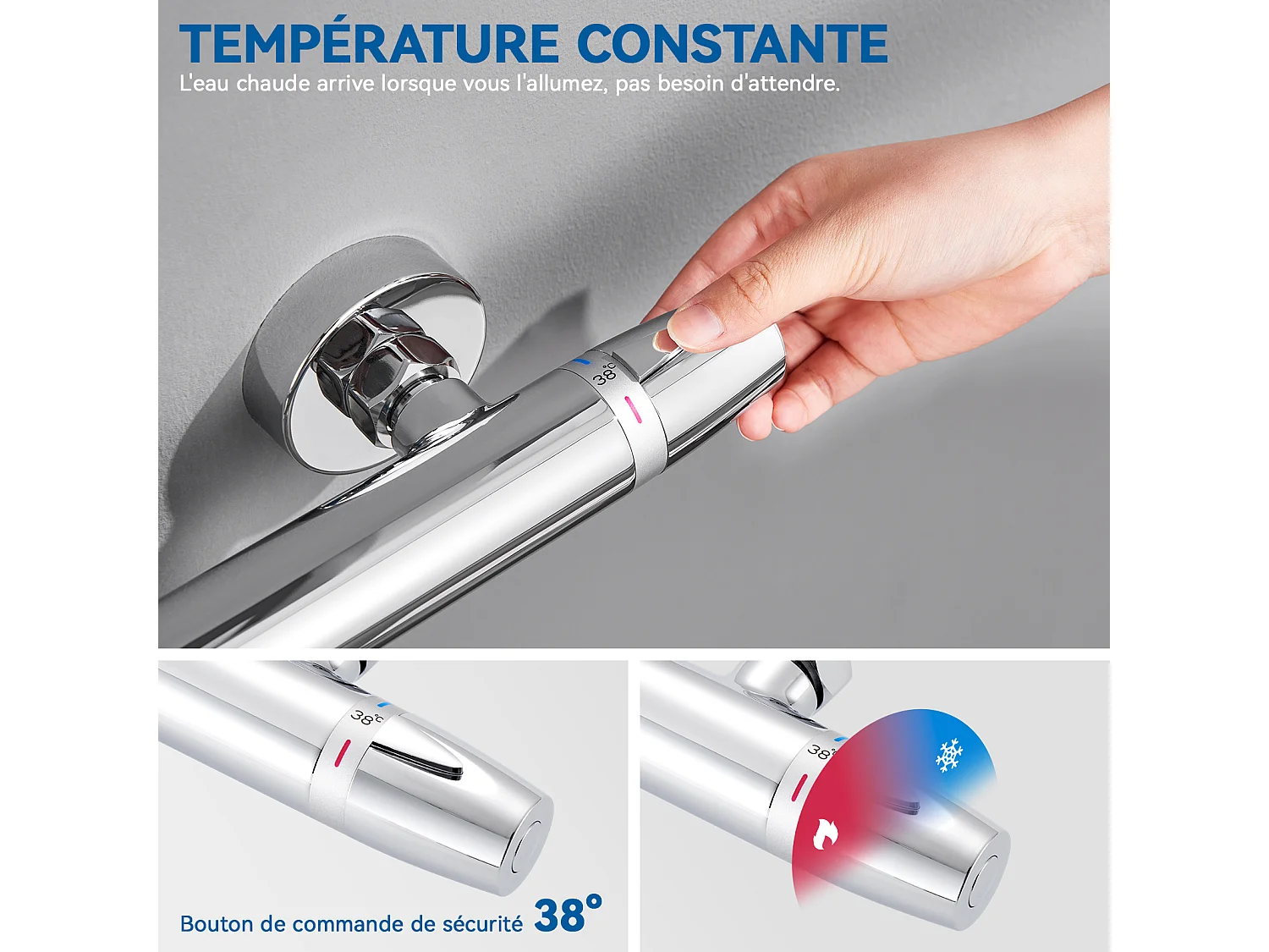 Auralum Max Mitigeur de Douche Thermostatique à Fixation Murale Anti-brûlure, Robinet d'Eau Chaude/Froide,Température Constante de 38°,Chromé