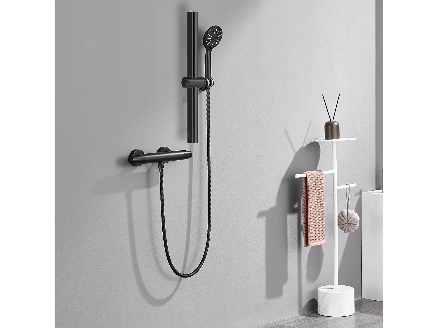 Auralum Max Miscelatore doccia termostatico a montaggio a parete ANti-bruciatura, rubinetto dell'acqua calda/fredda,temperatura costante38°,nero