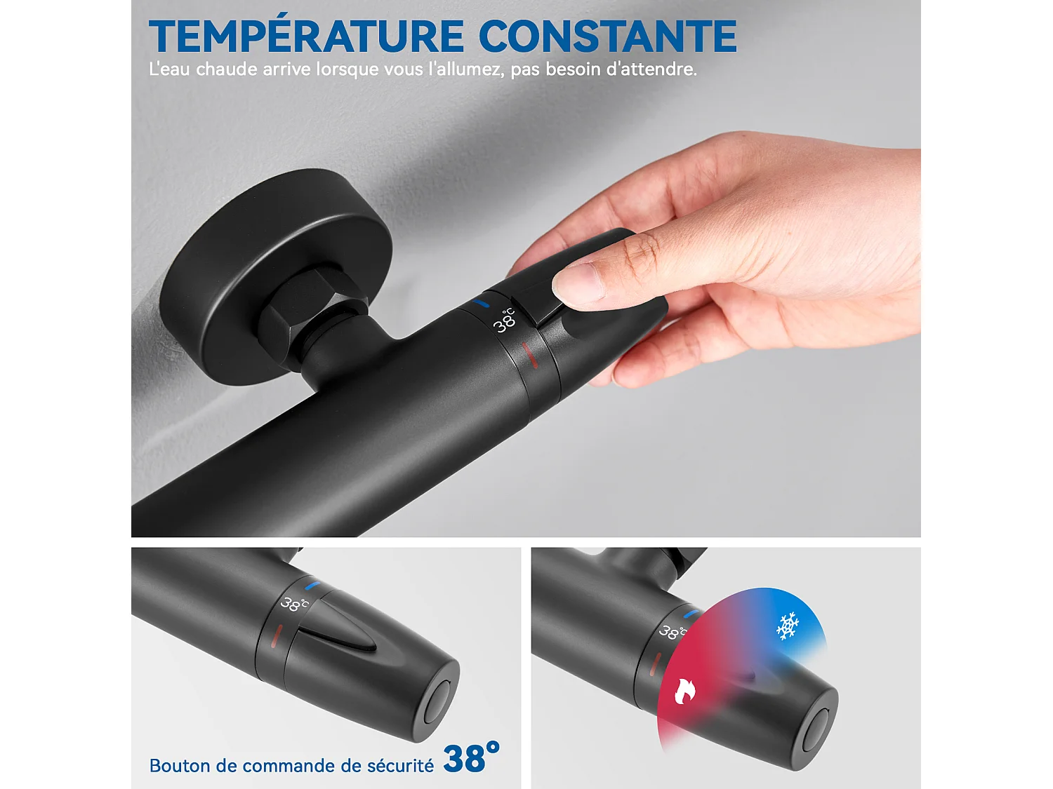 Auralum Max Miscelatore doccia termostatico a montaggio a parete ANti-bruciatura, rubinetto dell'acqua calda/fredda,temperatura costante38°,nero