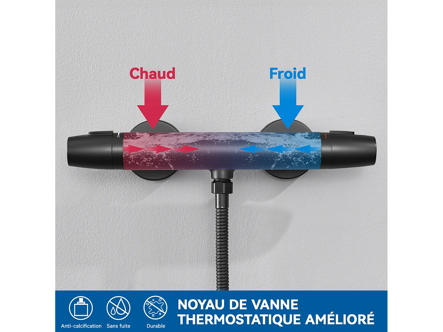 Auralum Max Miscelatore doccia termostatico a montaggio a parete ANti-bruciatura, rubinetto dell'acqua calda/fredda,temperatura costante38°,nero