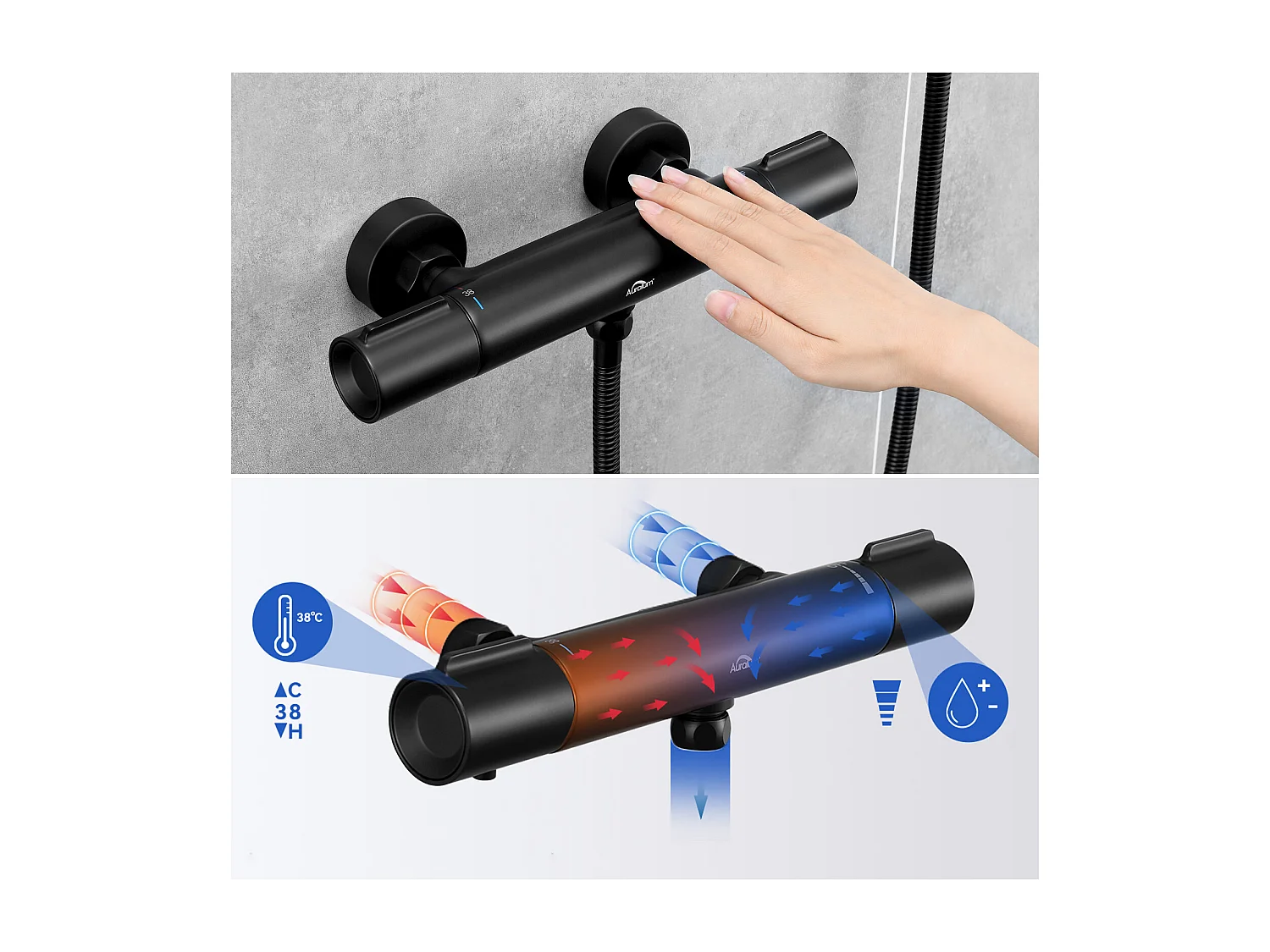 Douche Thermostatische Mengkraan Mat Zwart,,Muur Thermostatische Douchekraan met 38°C Veilige Knop Anti-verbranding ,Messing Douchemengkraan