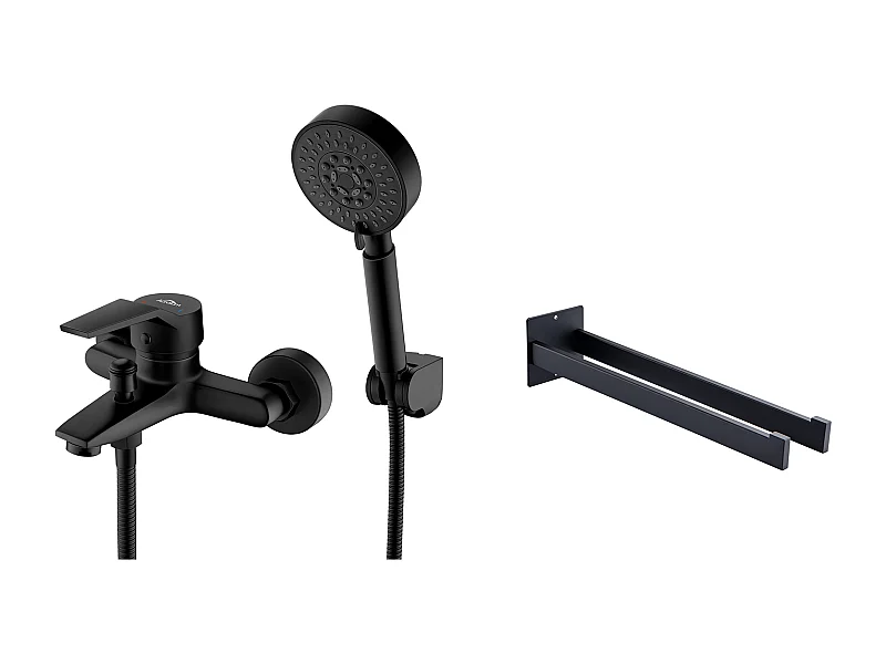 Mitigeur Baignoire avec Douchette Kit Mitigeur Robinet de Baignoire Cascade,Noir+Porte Serviette Salle Bain Adhésif/Perçage,en Inox,Noir,40 CM