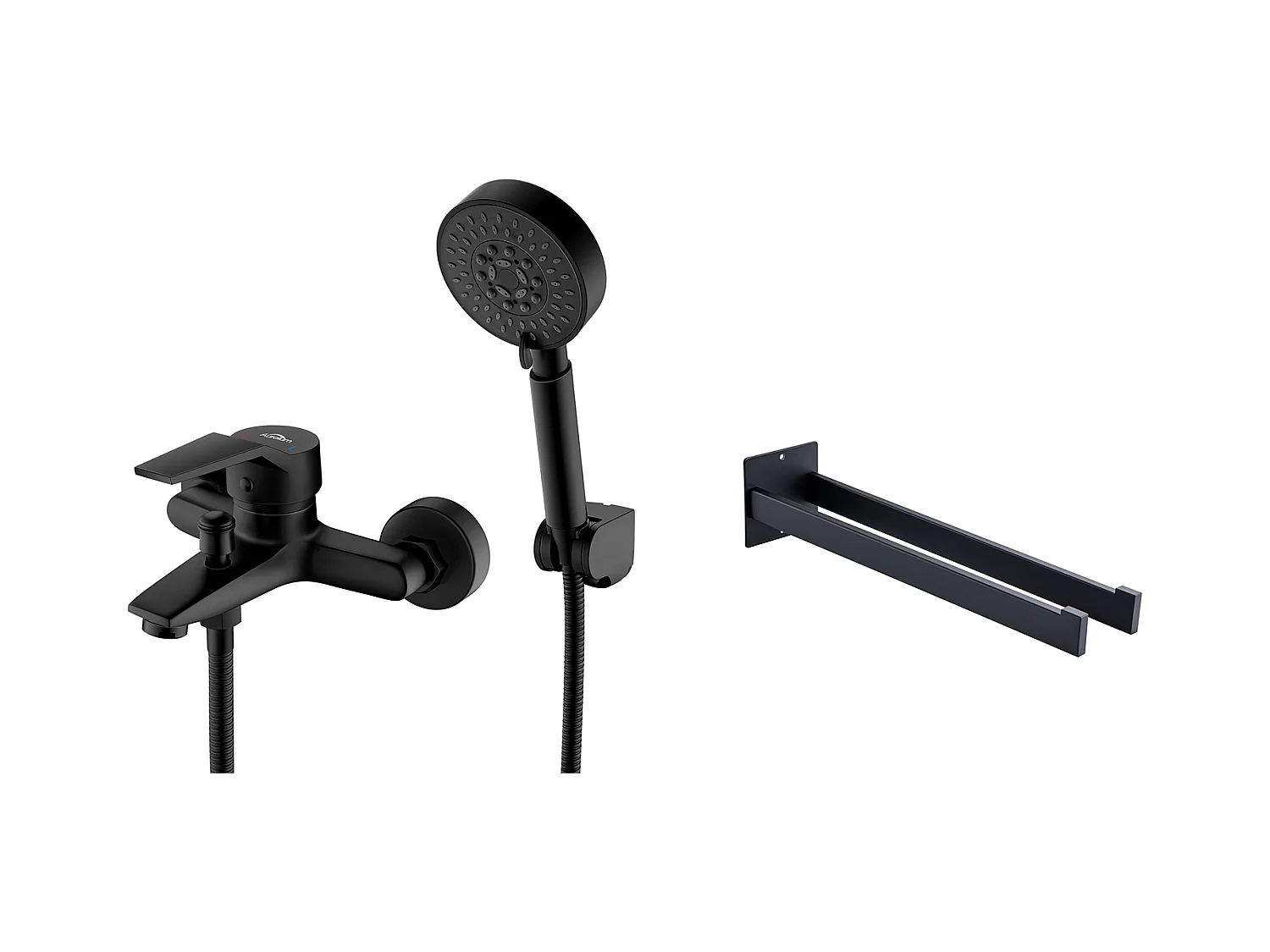 Mitigeur Baignoire avec Douchette Kit Mitigeur Robinet de Baignoire Cascade,Noir+Porte Serviette Salle Bain Adhésif/Perçage,en Inox,Noir,40 CM