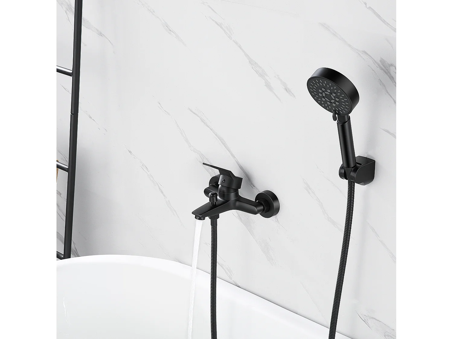 Badmengkraan met DOuchette Waterval Badkraan Mengkraan Kit, Zwart + Badkamer Handdoek Rek, Zelfklevend / Boren, 60CM, INOX