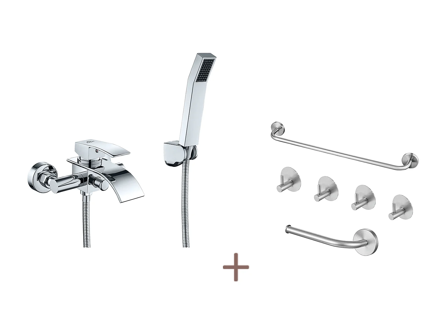 Mezclador bañera Auralum maxN Cascada con cabezal de ducha Ahorro de agua,Latón,Cromo+Conjunto de baño Accesorio 6 piezas, inoxidable,Cepillado