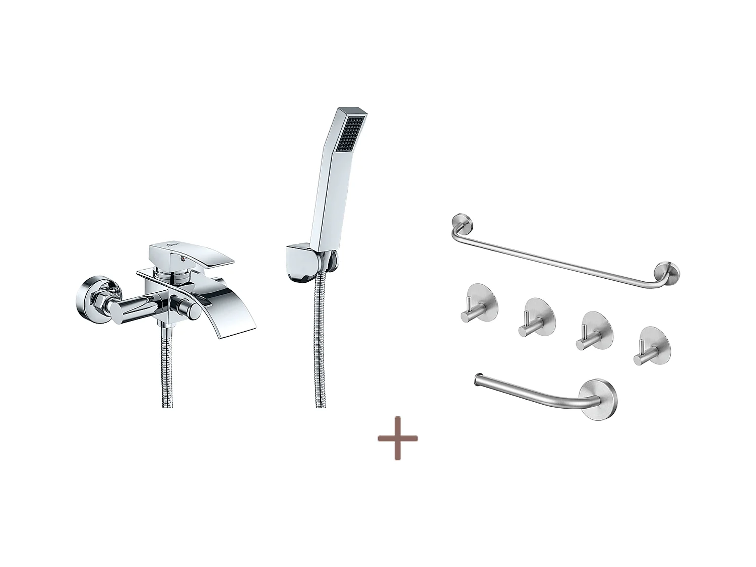 Auralum max Mitigeur de Baignoire en Cascade avec Pommeau de douche Economie d'eau,Laiton,Chrome+Ensemble Salle Bain Accessoire 6 Pièces,Inox,Brossé