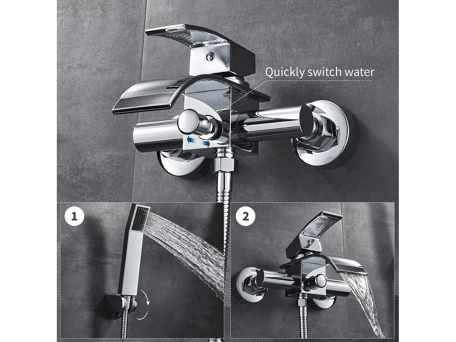 Auralum max Waterval Badmengkraan met Waterbesparende Douchekop, Messing, Chroom + SetBadkamer Accessoire 6 Stuks, RVS, Geborsteld