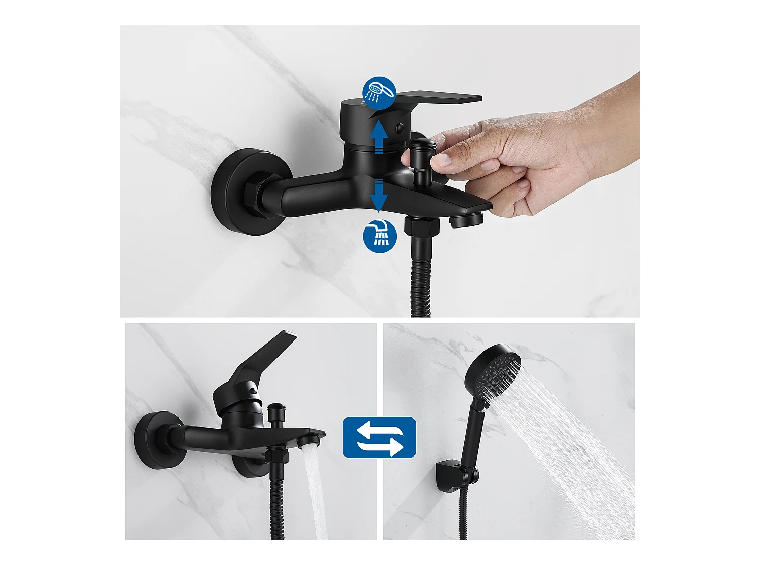 Badewannenmischbatterie mit Handbrause-Mischbatterie-Set, Wasserfall-Badewannenhahn, Badezimmer-Badewannenmischer, Einhebelmischer, Schwarz