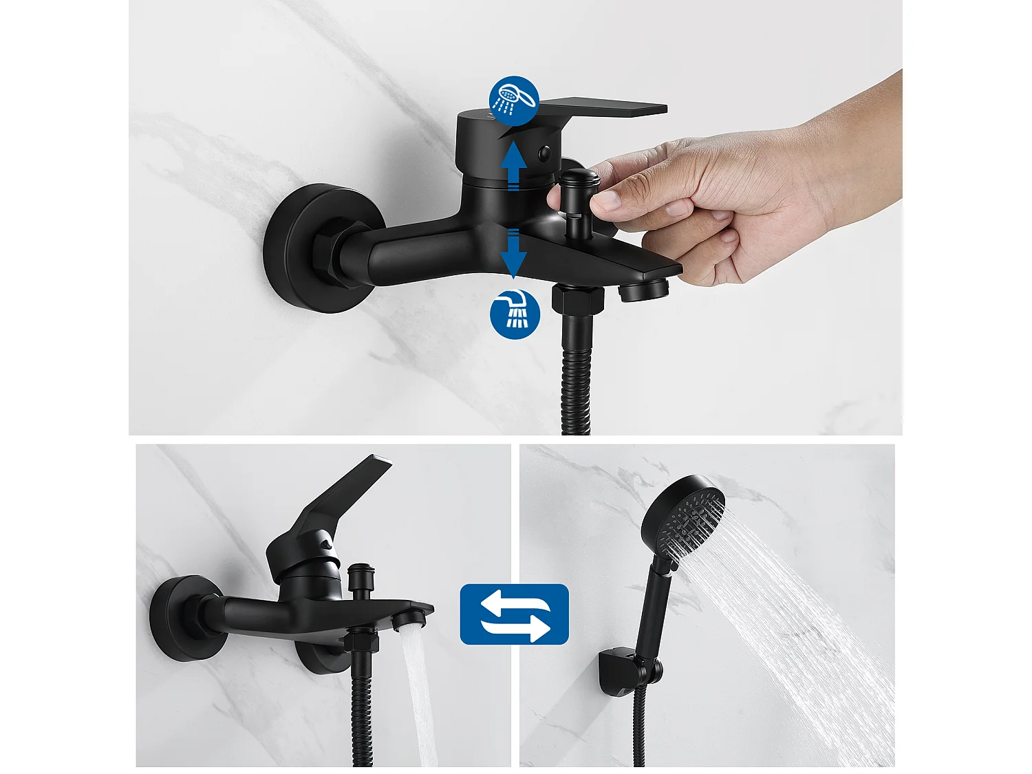 Badmengkraan met Handdouche Mengset Badkraan Waterval Badmengkraan Badkamer Eengreepsmengkraan Zwart