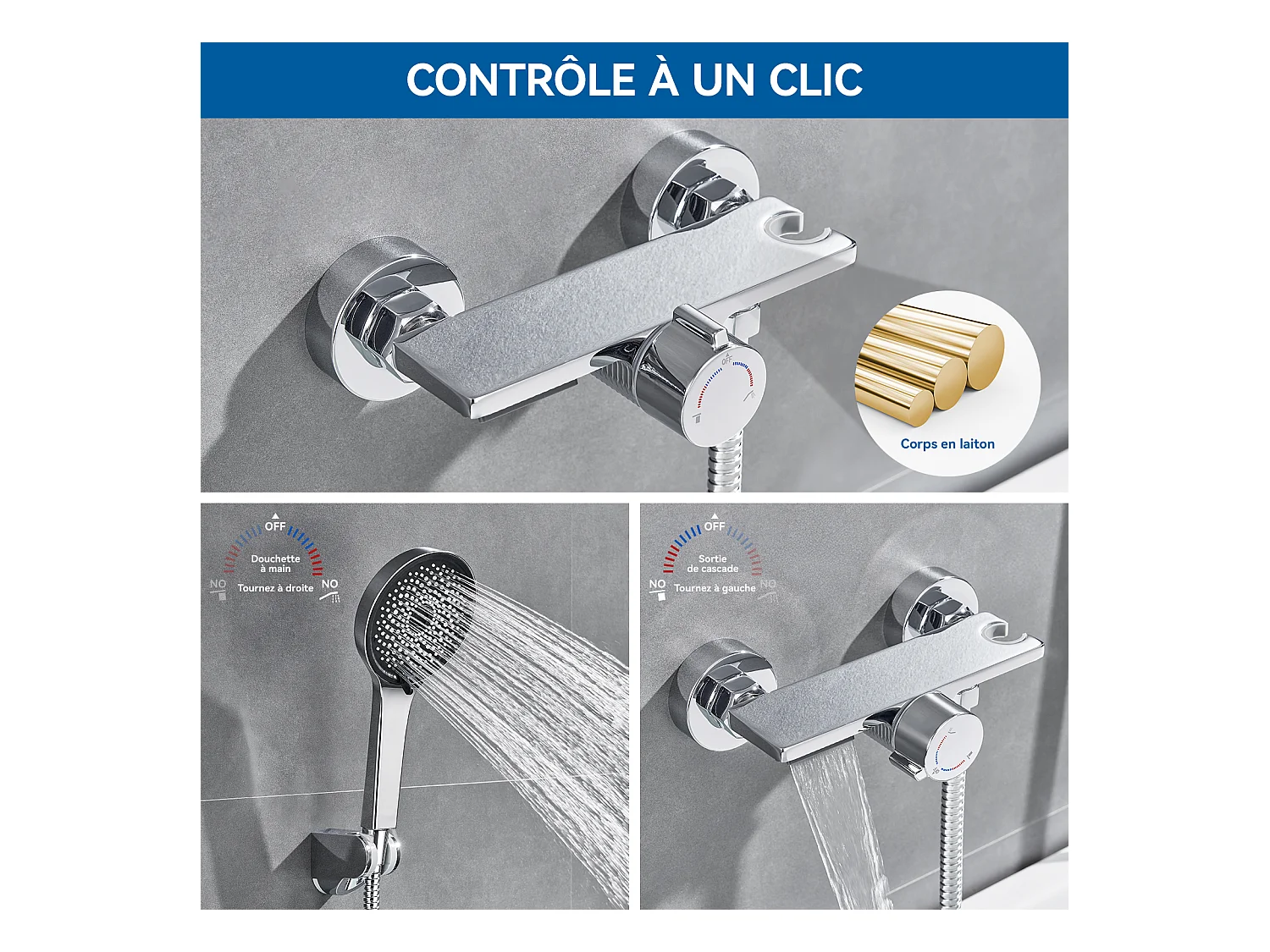 Auralum MAX Grifo para Bañera en Cascada, Mezclador de Bañera de Pared con Ducha de Mano de 5 Modos, Grifo Mezclador de Baño de Latón, Cromo