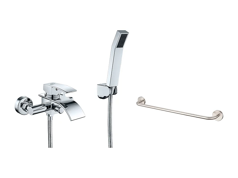 AuraLum max Waterval Badmengkraan met Douchekop, Messing Chroom+60cm Handdoekhouder Badkamer Zelfklevend /Boor RVS 304