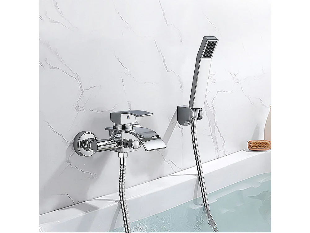 AuraLum max Mezclador de Bañera en Cascada con Alcachofa de Ducha, Latón Cromado+Toallero de Baño Autoadhesivo de 60 cm / Perforación,Inoxidable 304