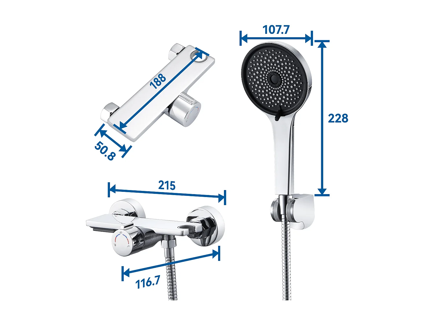 Grifo para Bañera en Cascada,Cromo,con Alcachofa de Mano 5 Funciones,Mezclador de Latón+Toallero/Perforación de Baño Autoadhesivo 60 cm, Inoxidable
