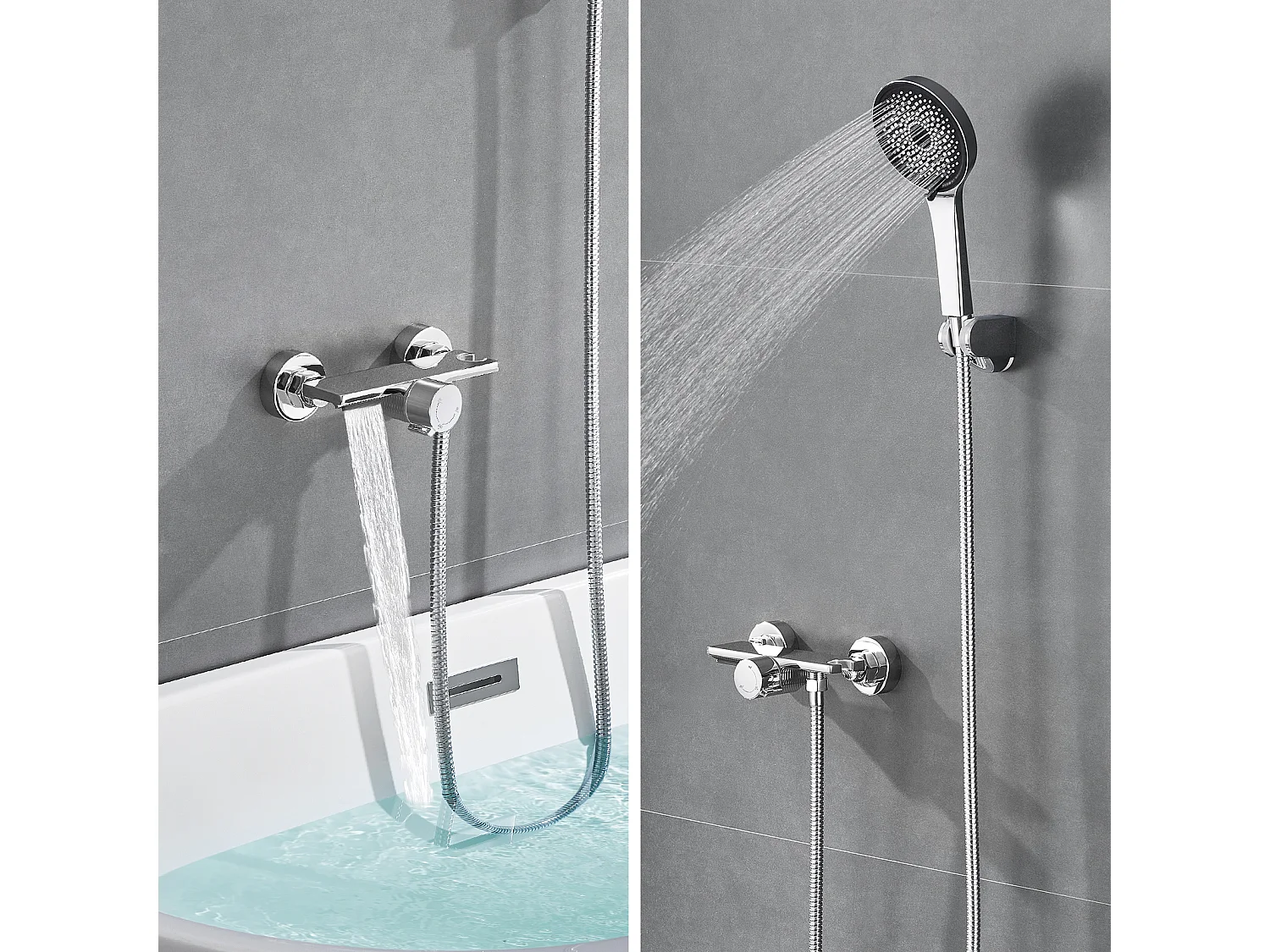 Auralum MAX Waterval Badkraan,Verchroomd,met Handdouche 5 Functies,Messing Mengkraan+60cm Handdoekhouder Badkamer Zelfklevend/Boren,Rvs