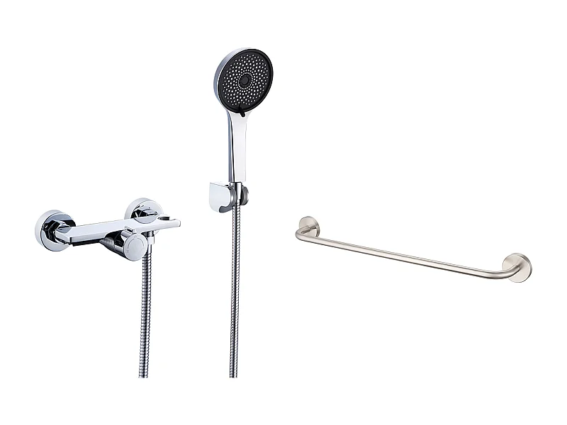 Grifo para Bañera en Cascada,Cromo,con Alcachofa de Mano 5 Funciones,Mezclador de Latón+Toallero/Perforación de Baño Autoadhesivo 60 cm, Inoxidable