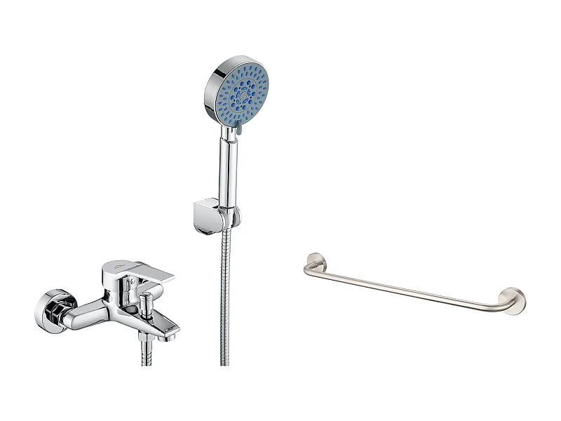 Mitigeur Baignoire Chromé,avec Douchette 5 Jets/Flexible de Douche (1.5m) Support+60cm Porte-Serviettes Salle Bain Auto-adhésif/Perçage,Inox