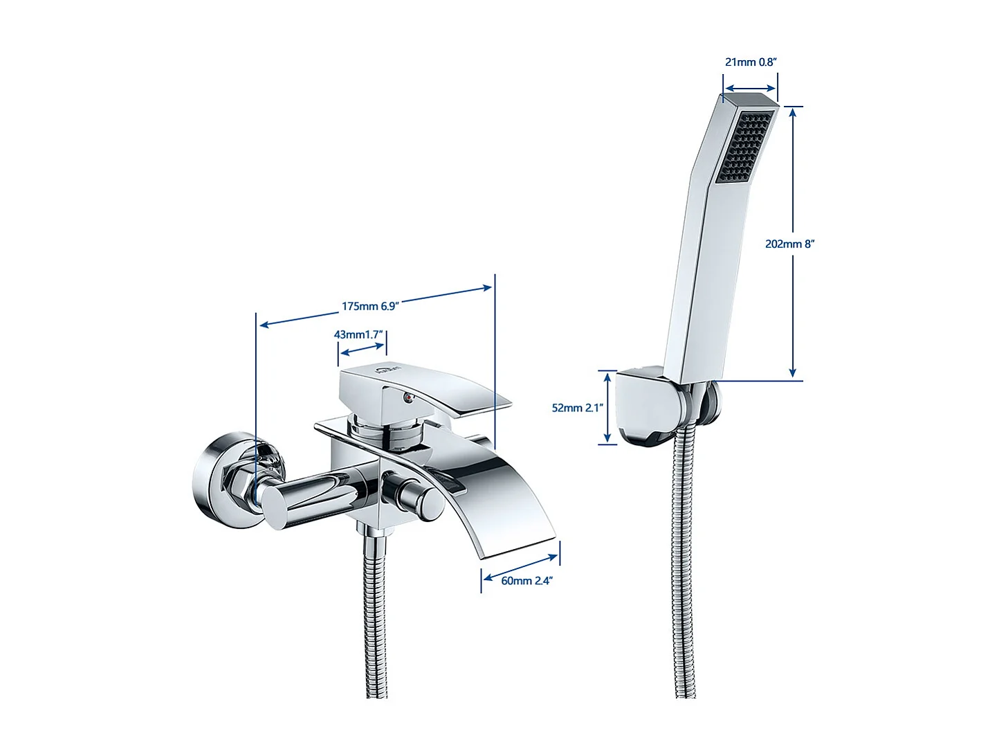 Mitigeur de Baignoire Robinet de Douche en Cascade avec Pommeau de douche Economie d'eau Laiton Chrome pour Salle de bain
