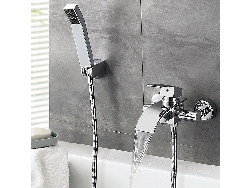 Mitigeur de Baignoire Robinet de Douche en Cascade avec Pommeau de douche Economie d'eau Laiton Chrome pour Salle de bain