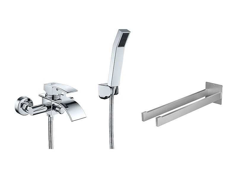 AuraLum max MiWaterval badstaaf met douchekop, messing chroom voor badkamer + handdoekhouder badkamer zelfklevend/boren, geborsteld