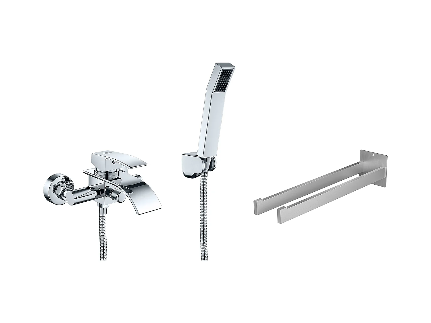AuraLum max MiWaterval badstaaf met douchekop, messing chroom voor badkamer + handdoekhouder badkamer zelfklevend/boren, geborsteld