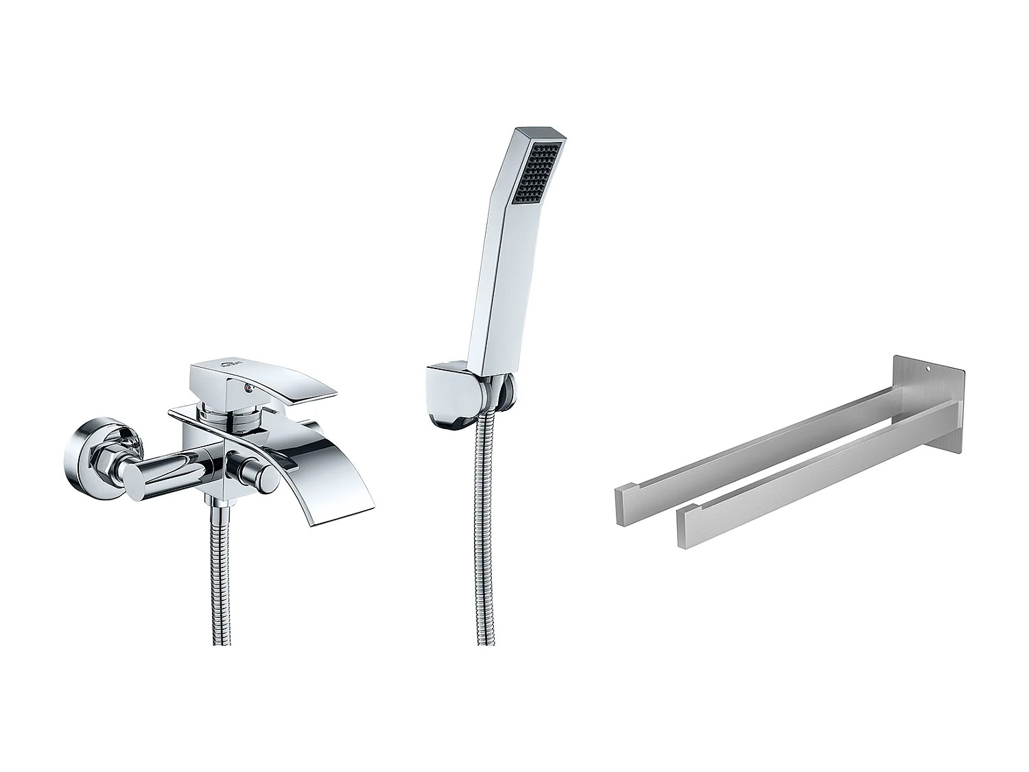 AuraLum max Mitigeur de Baignoire en Cascade avec Pommeau  douche,Laiton Chrome pour Salle de bain+Porte Serviette Salle Bain Adhésif/Perçage,Brossé