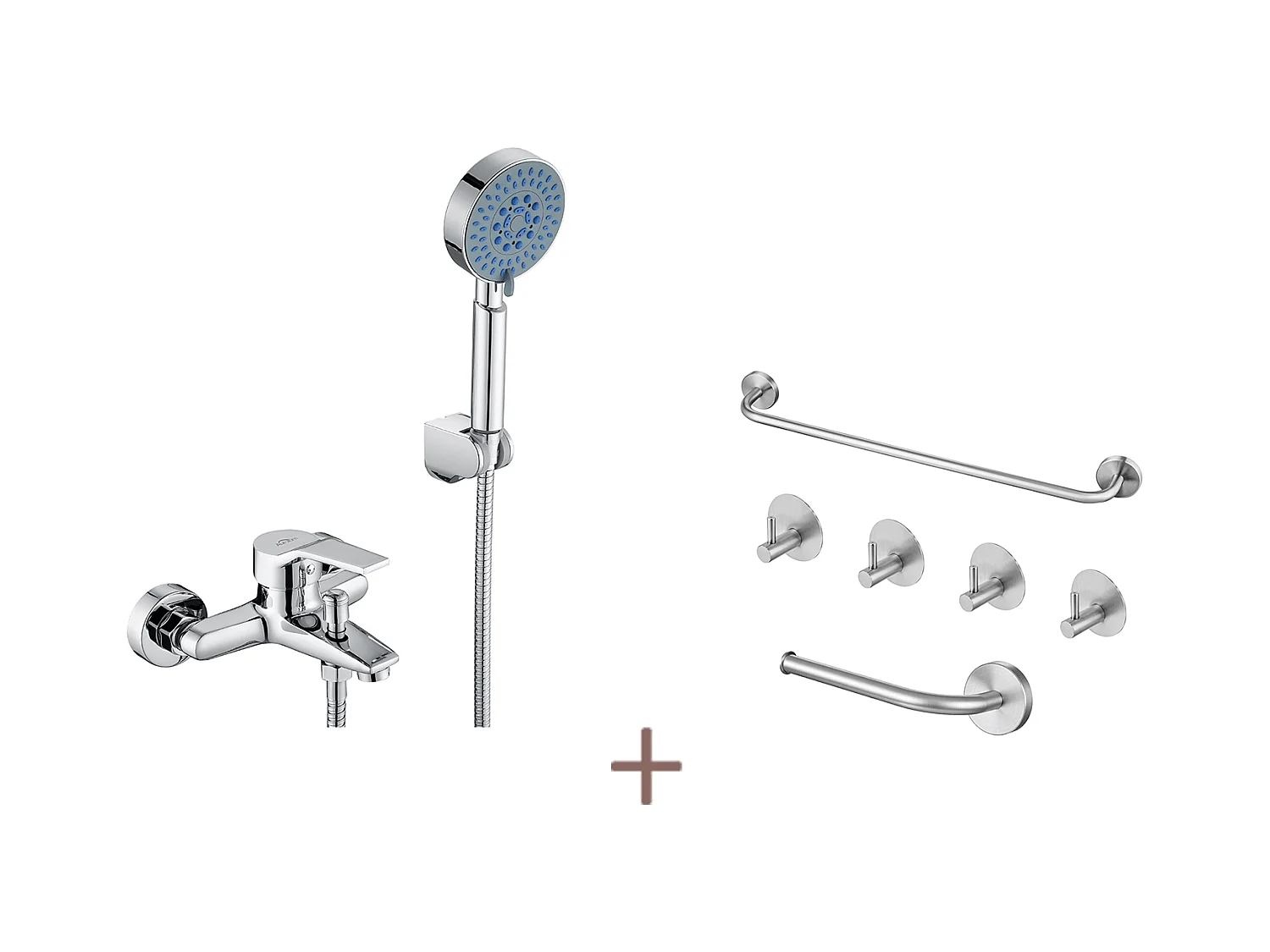 Auralum max Badmengkraan Verchroomd, met Handdouche 5 Jets/Slang Douche (1.5m) Support+Set Badkamer Accessoire 6 Stuks, Roestvrij Staal, Geborsteld