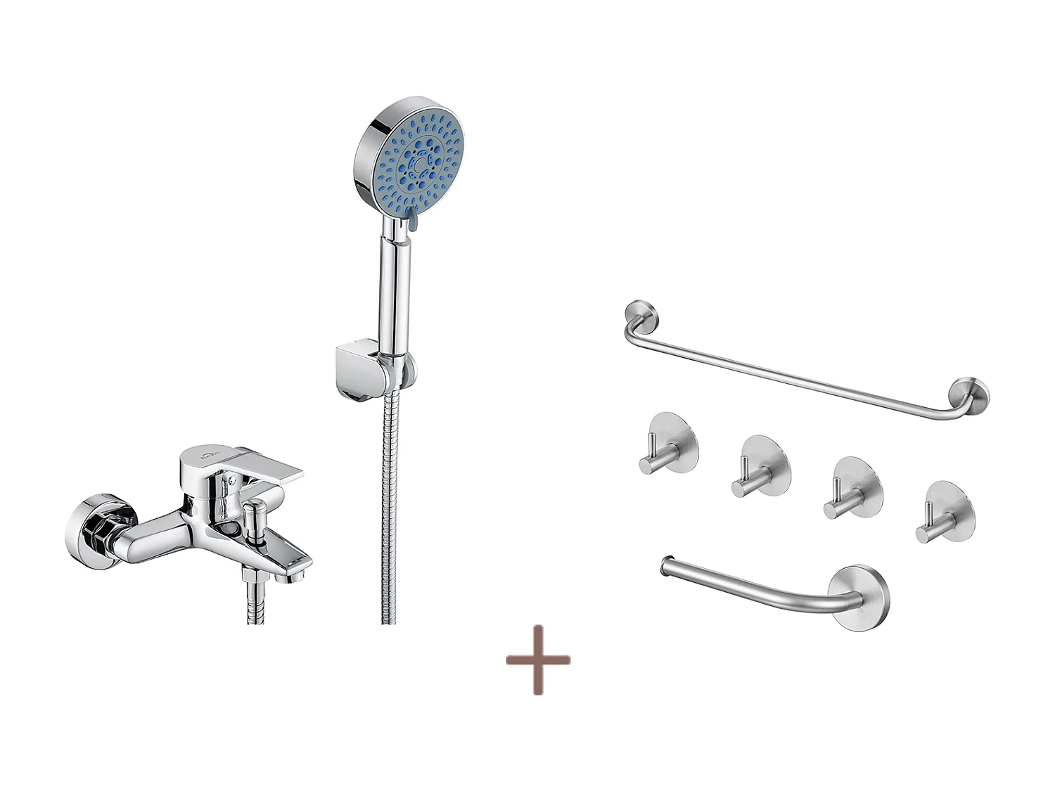 Auralum max Chrom-Wannenmischbatterie, mit 5 Düsen, Handbrause/Brauseschlauch (1,5 m), Halter + 6-teiliges Badezimmer-Zubehörset, Edelstahl, gebürstet