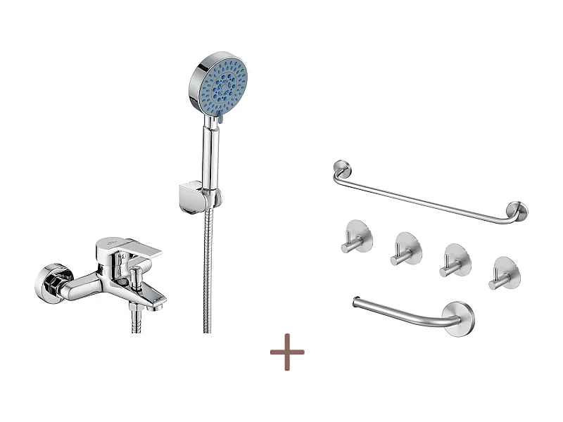 Auralum max Mitigeur de Baignoire Chromé,avec Douchette 5 Jets/Flexible Douche (1.5m) Support+Ensemble Salle Bain Accessoire 6 Pièces,Inox,Brossé