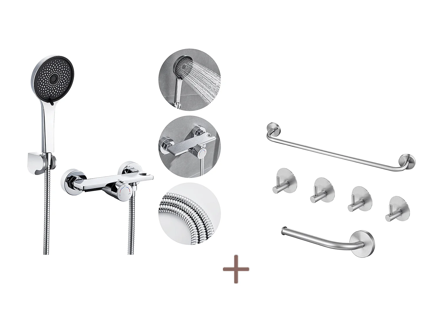 Rubinetto Vasca Cascade AuraluM max, cromato, con doccetta 5 funzioni, miscelatore in ottone + set bagno accessorio 6 pezzi, acciaio inox, spazzolato