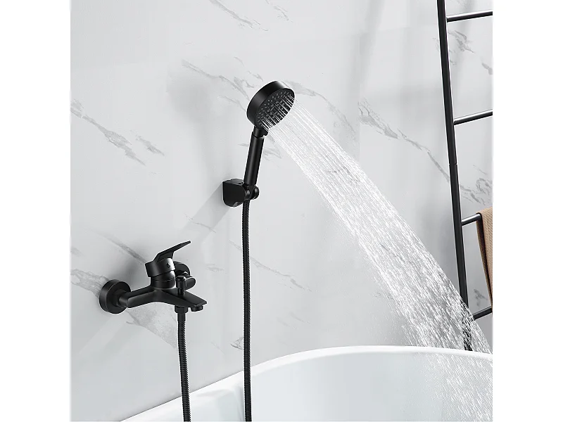 Robinet de Baignoire avec Douchette Noir Montage Mural Pour salle de Bain Douchette à main 5 Modes