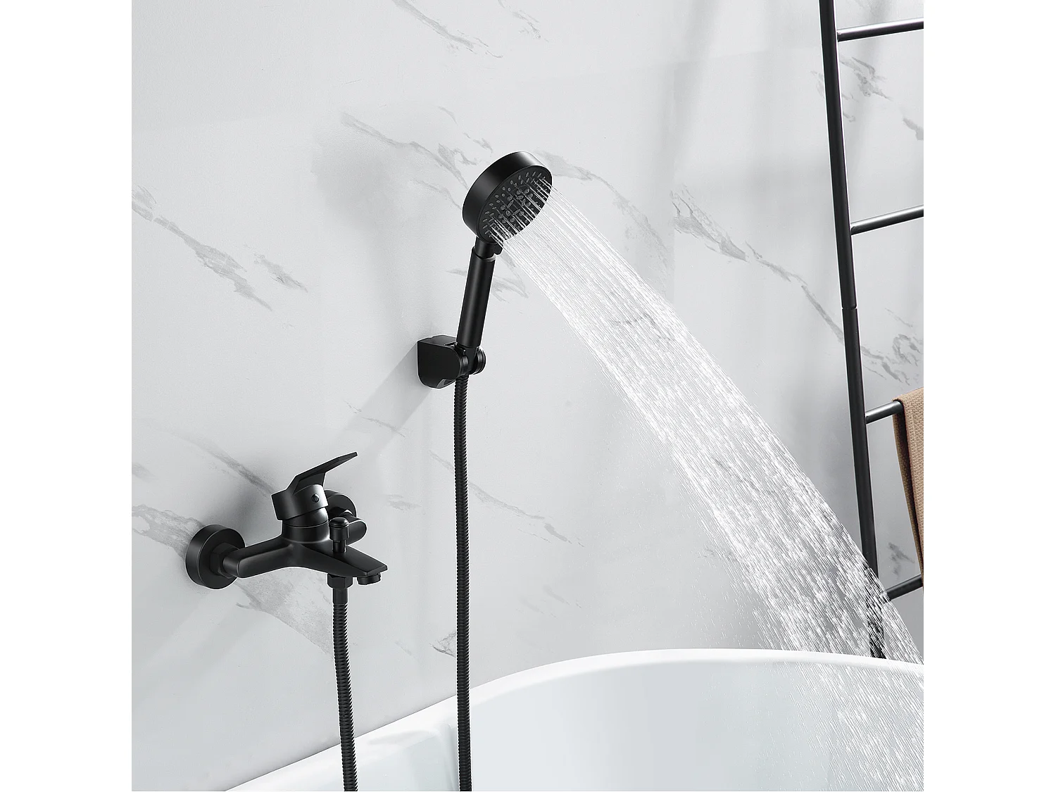 Robinet de Baignoire avec Douchette Noir Montage Mural Pour salle de Bain Douchette à main 5 Modes