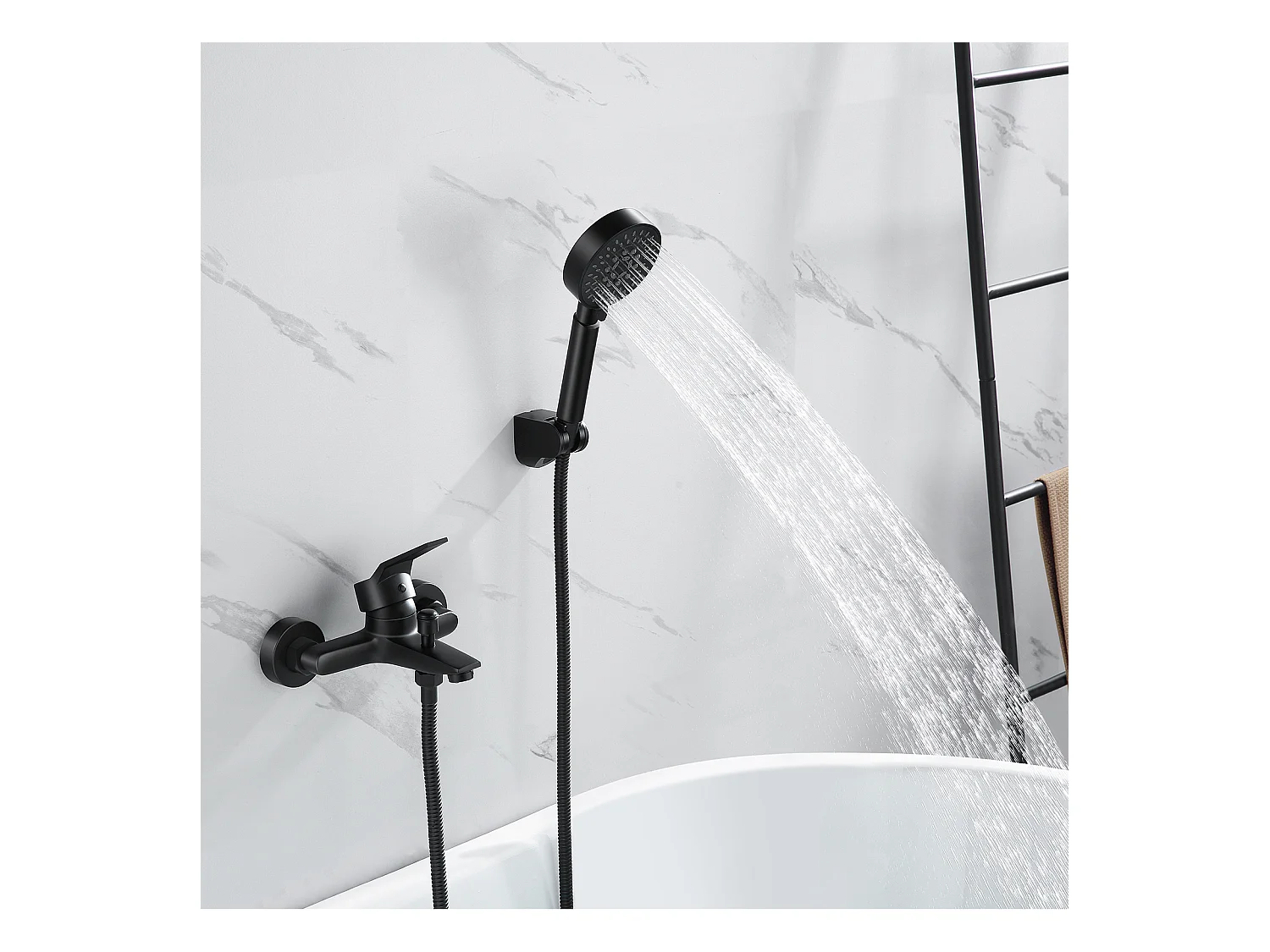 Robinet de Baignoire avec Douchette Noir Montage Mural Pour salle de Bain Douchette à main 5 Modes