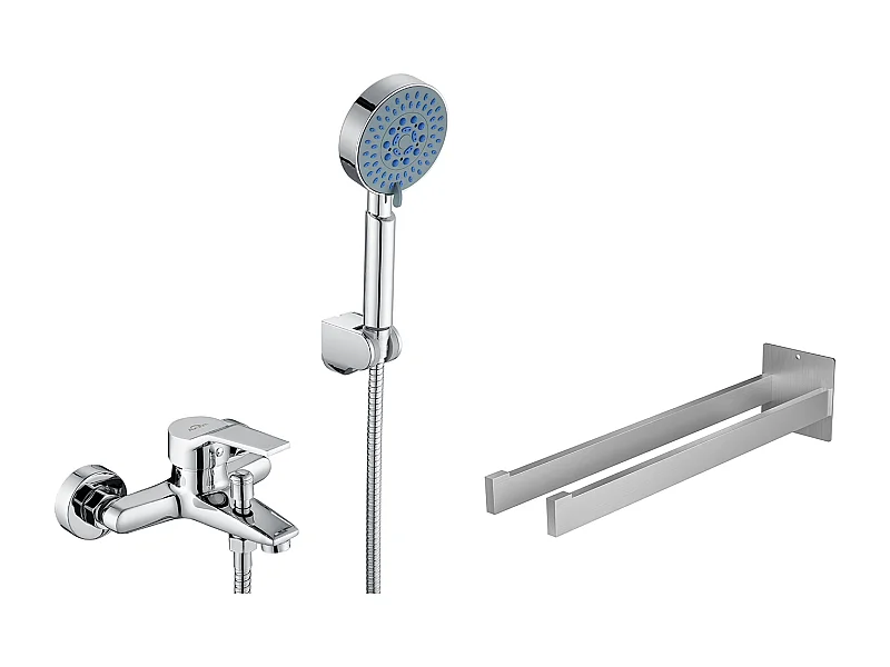 Mitigeur Baignoire Chromé,Robinet Baignoire avec Douchette 5 Jets/Flexible Douche (1.5m) Support+Porte Serviette Salle Bain Adhésif/Perçage,Brossé