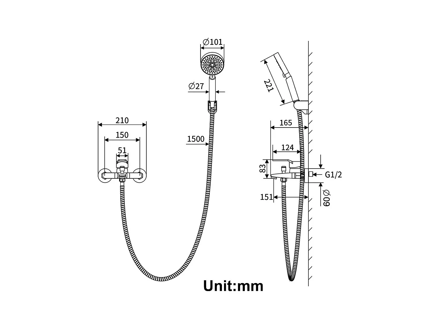 Mitigeur Baignoire Chromé,Robinet Baignoire avec Douchette 5 Jets/Flexible Douche (1.5m) Support+Porte Serviette Salle Bain Adhésif/Perçage,Brossé