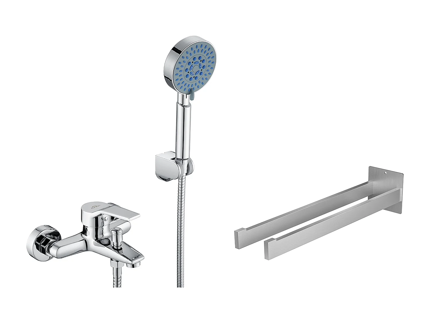 Badmengkraan Verchroomd,Badkraan met Handdouche 5 Jets/Douche Flexibel (1.5m) Houder+Handdoekhouder Badkamer Zelfklevend/Boren,Geborsteld